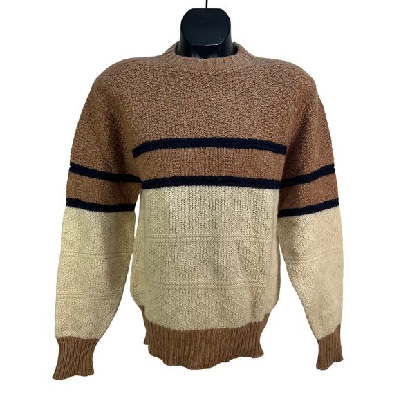 Vintage Shetland Wool Crewneck Sweater Striped Tan Ivory Fisherman - Picture 1 of 7